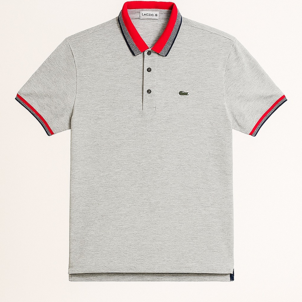 Lacoste Men's Polo Shirt in Gray with Red and Black Trim